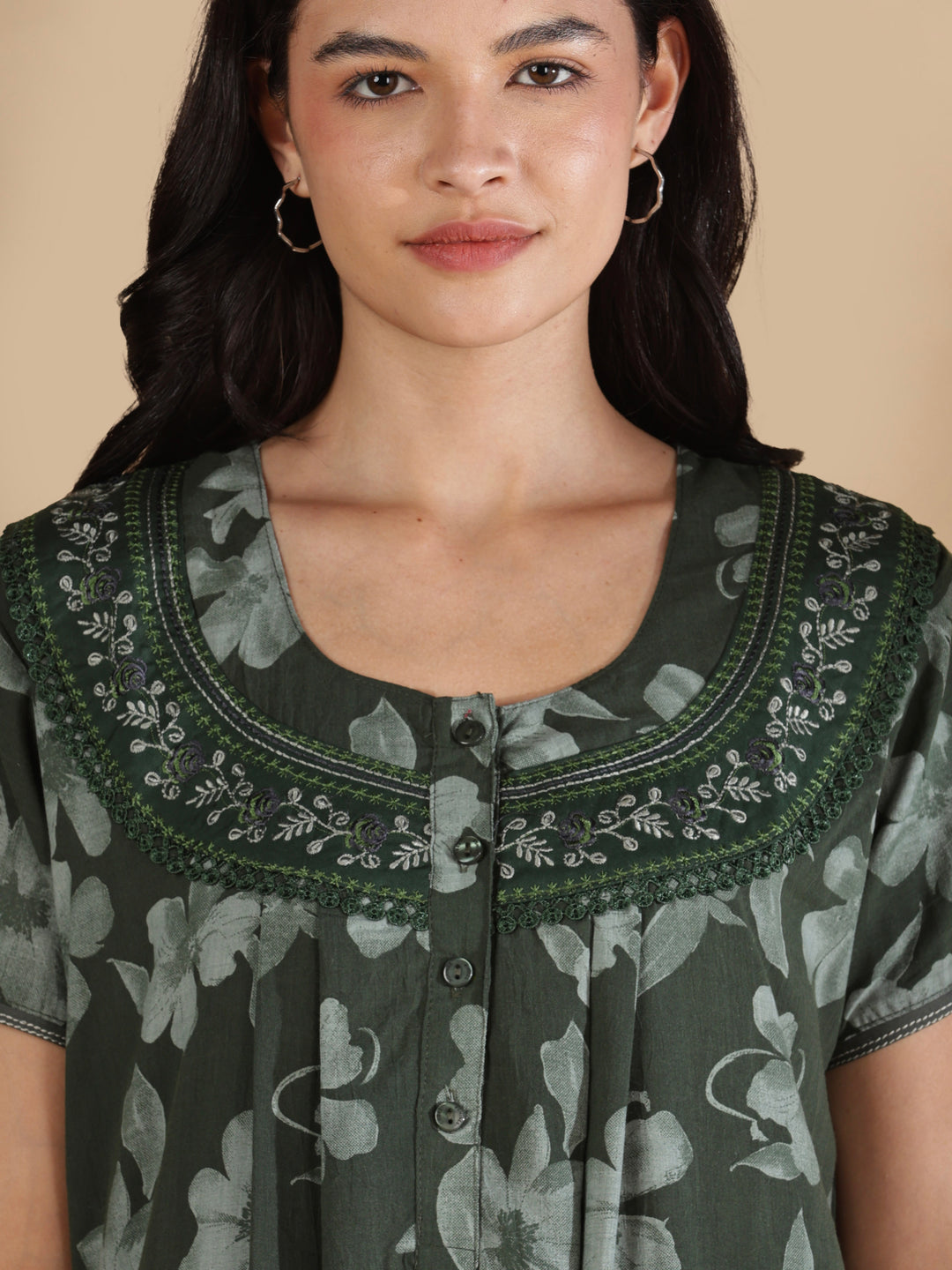 Blossom green crush cotton designer nighty for women.