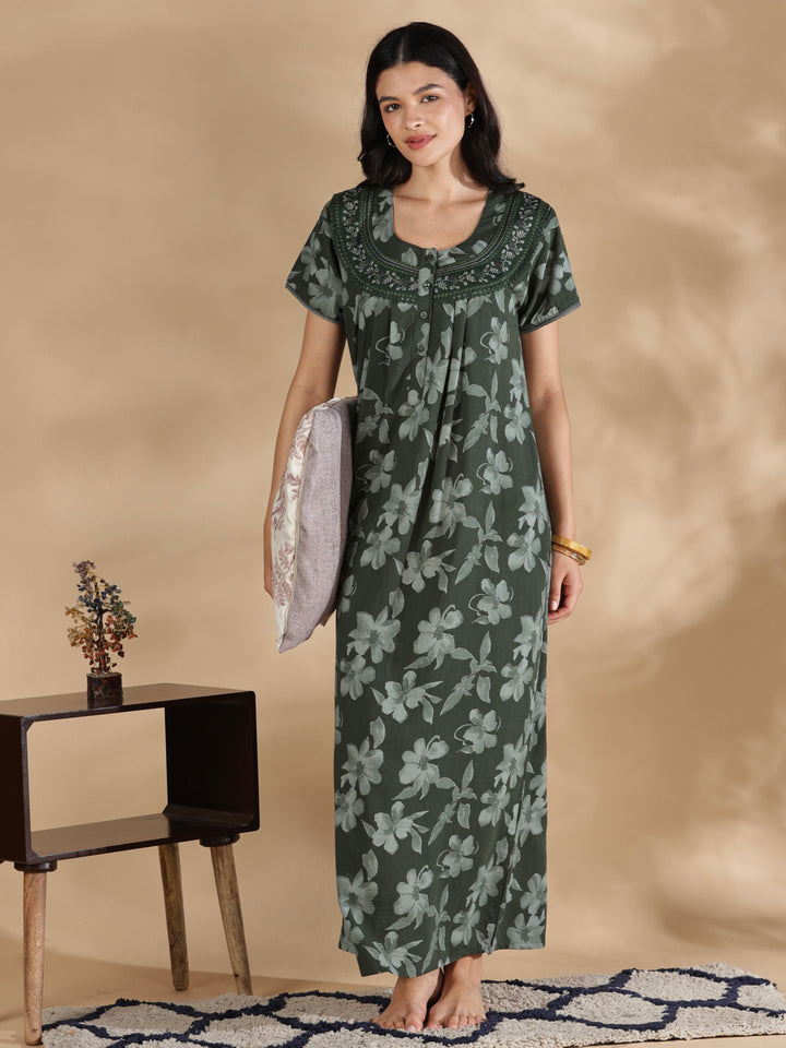 Blossom green crush cotton designer nighty for women.