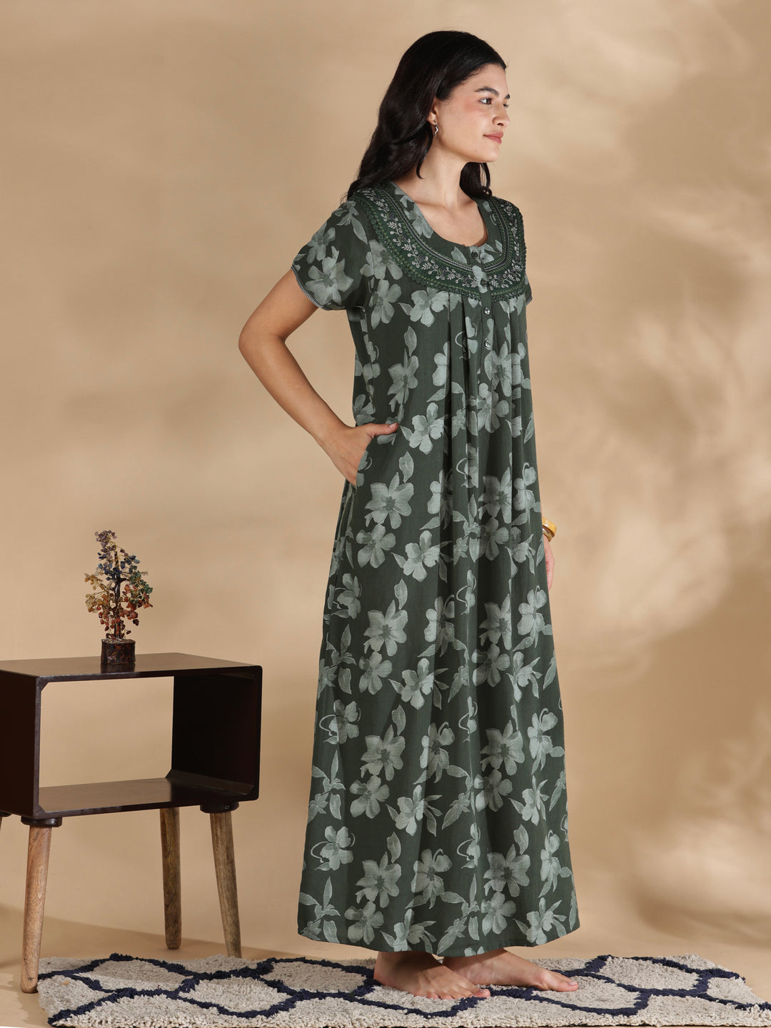 Blossom green crush cotton designer nighty for women.