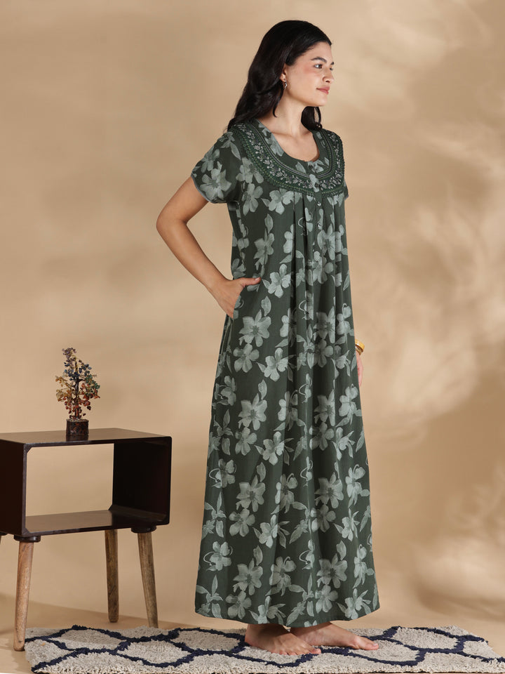 Blossom green crush cotton designer nighty for women.