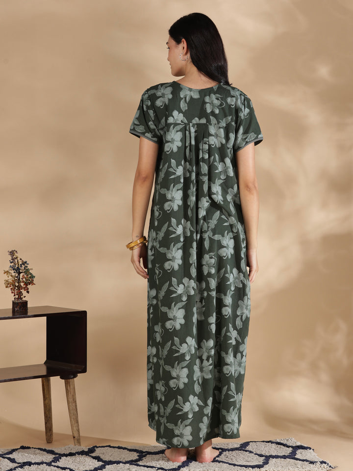 Blossom green crush cotton designer nighty for women.