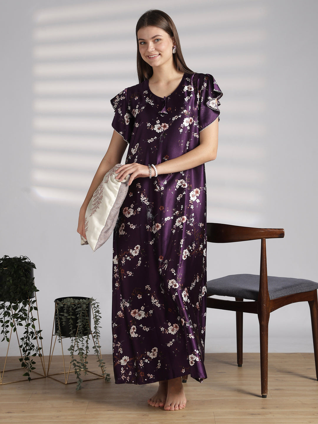 Floral satin nighty with ruffle sleeves online