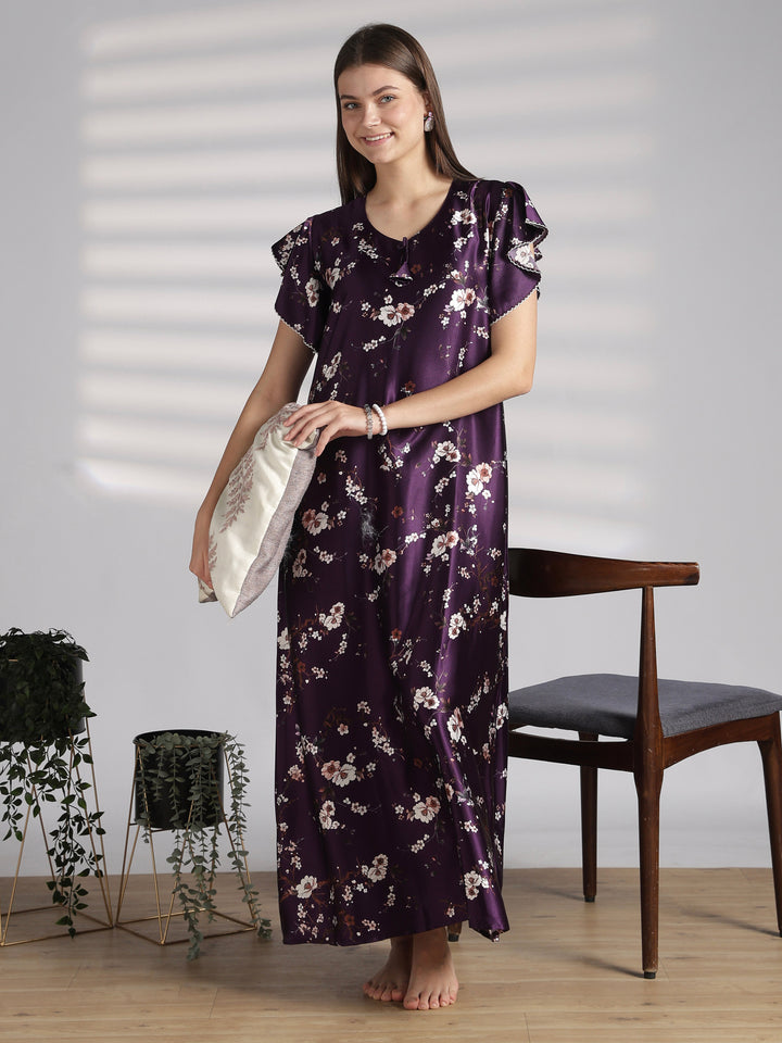 Floral satin nighty with ruffle sleeves online