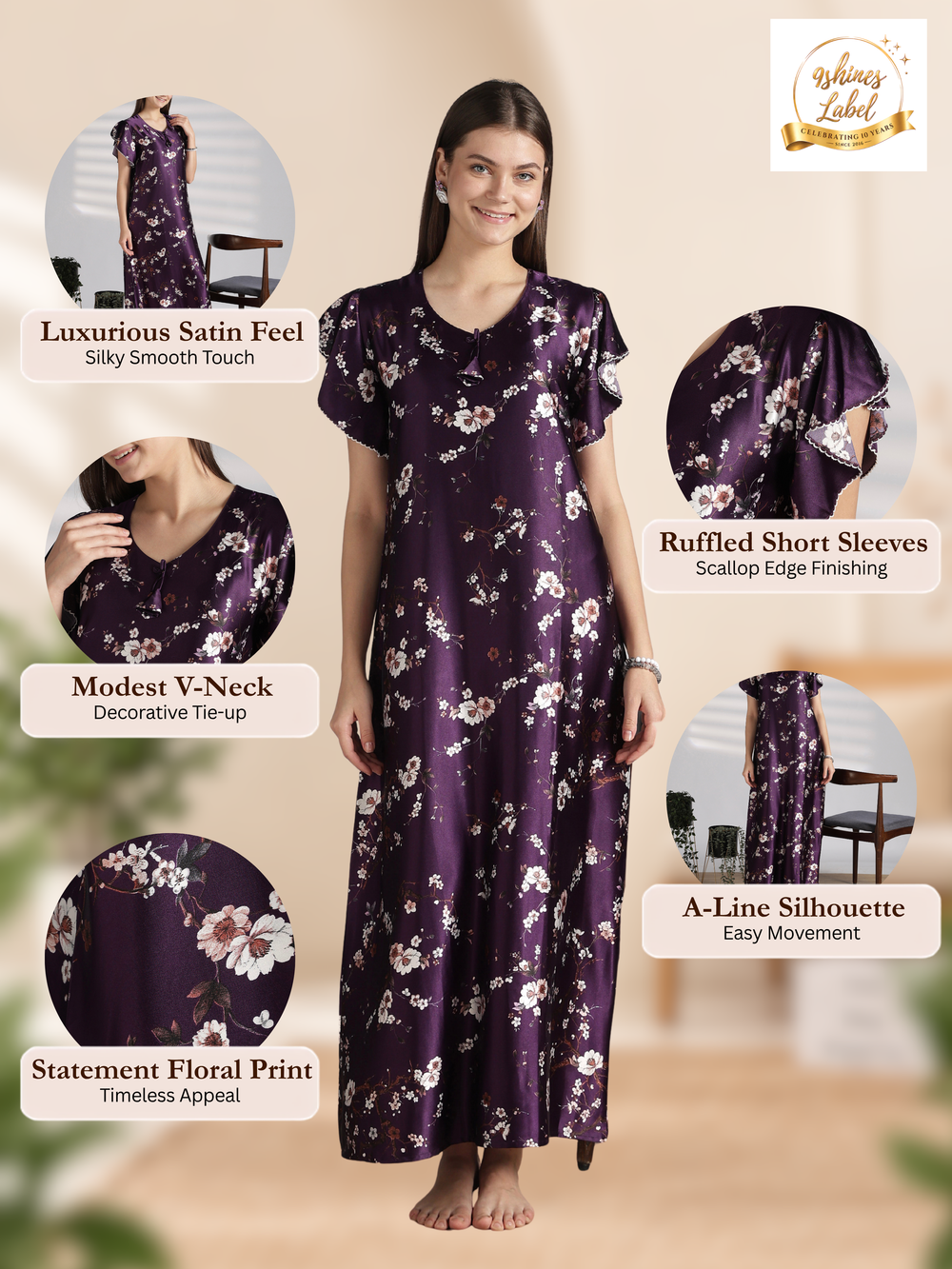 Floral satin nighty with ruffle sleeves online