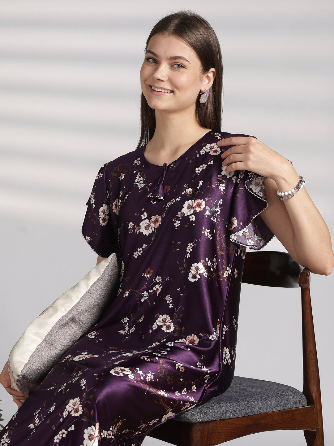 Floral satin nighty with ruffle sleeves online