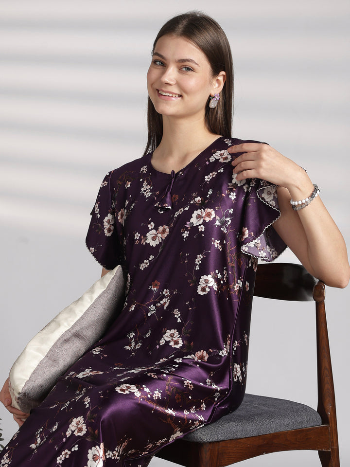 Floral satin nighty with ruffle sleeves online
