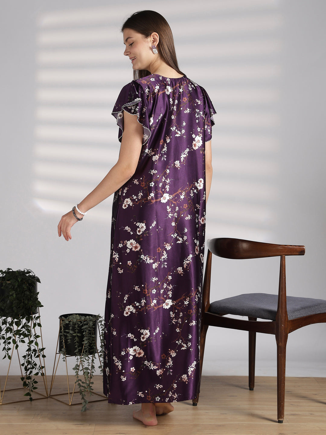 Floral satin nighty with ruffle sleeves online