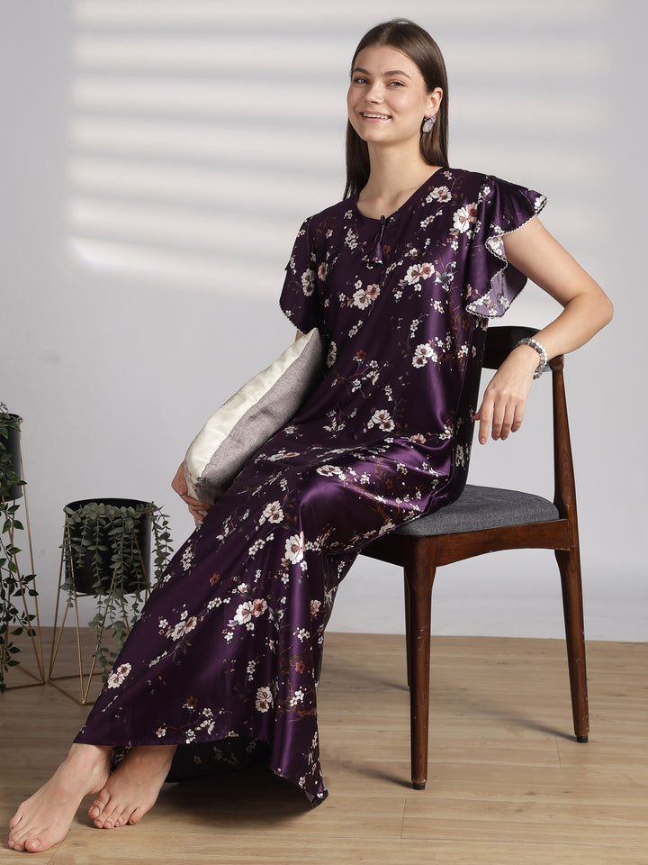 Floral satin nighty with ruffle sleeves online