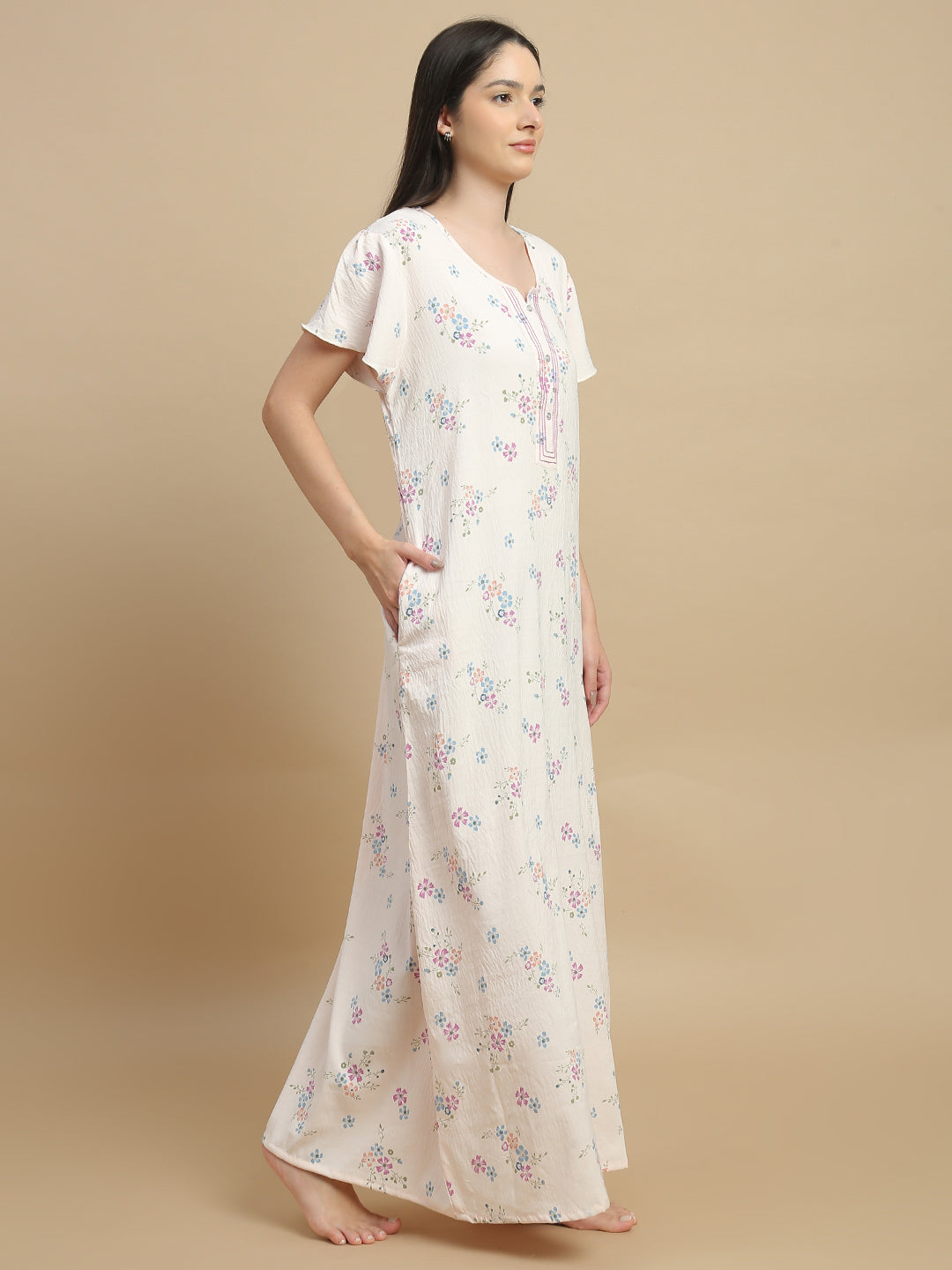 Peach floral night gown for women with an elegant and lightweight design