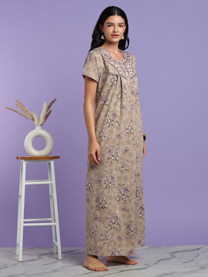 Vintage taupe cotton crush floral nightydress for women