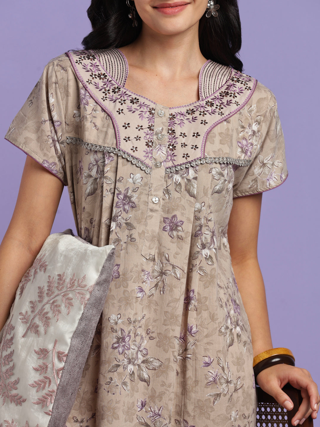Vintage taupe cotton crush floral nightydress for women