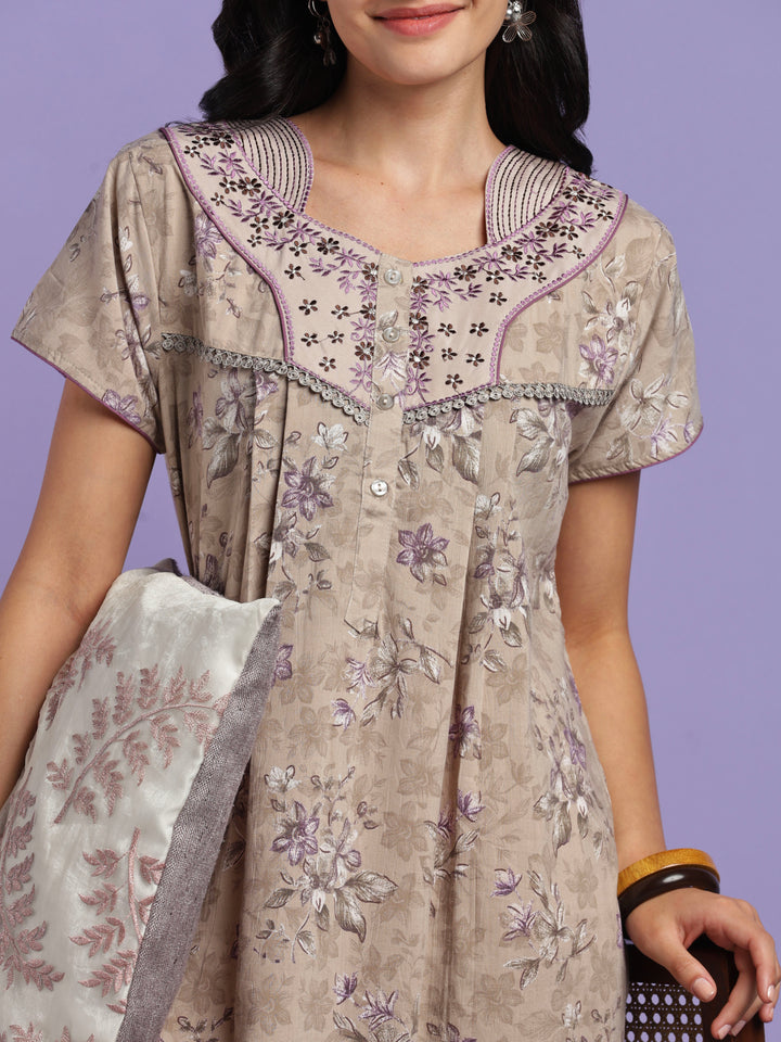 Vintage taupe cotton crush floral nightydress for women