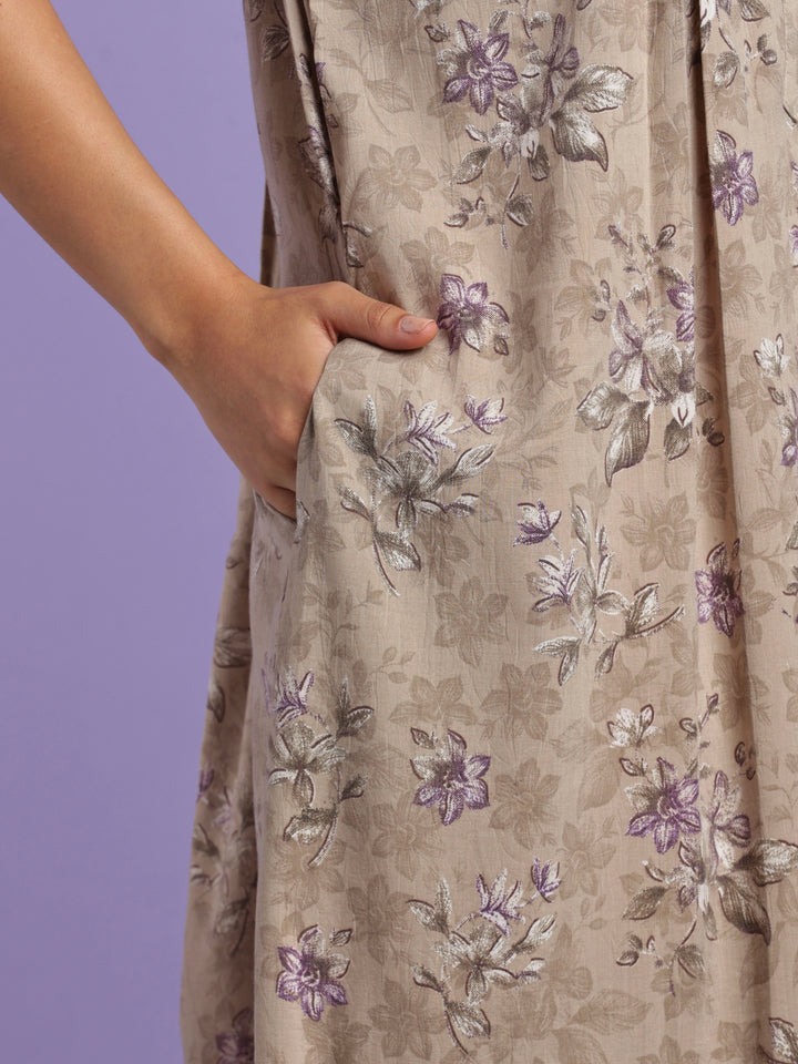 Vintage taupe cotton crush floral nightydress for women