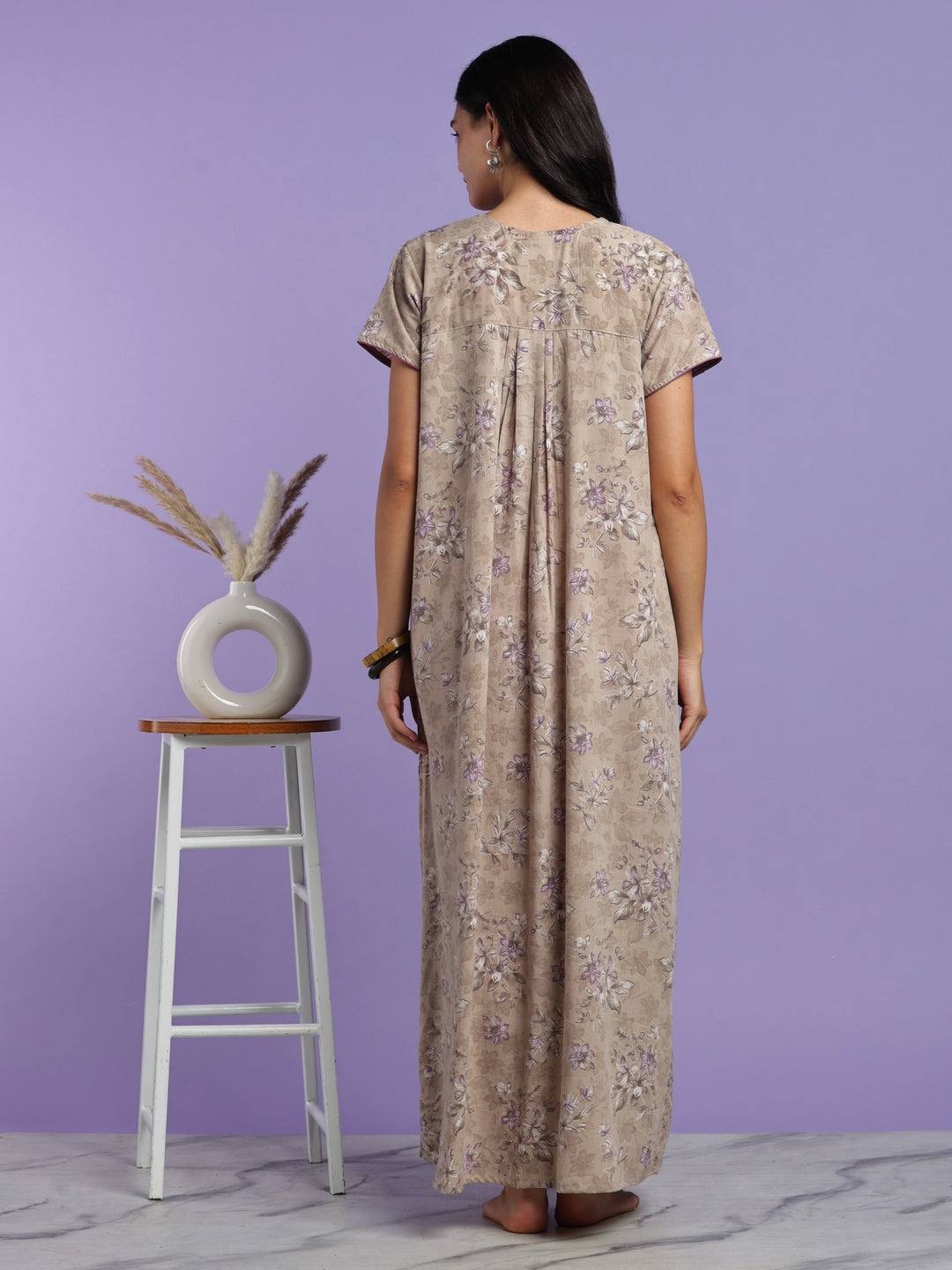Vintage taupe cotton crush floral nightydress for women