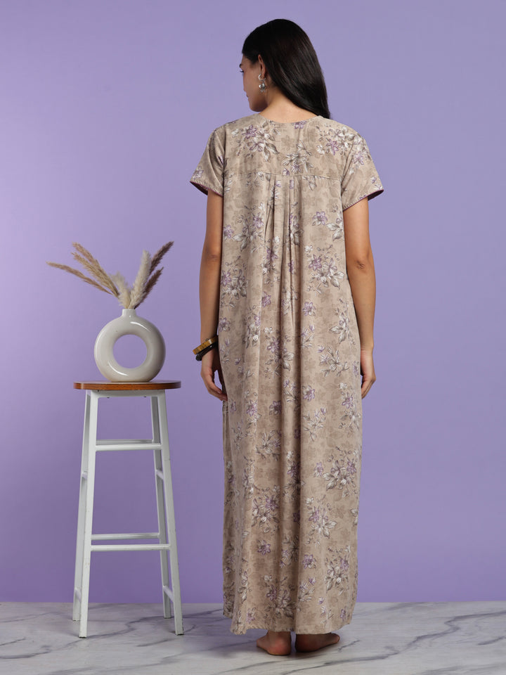 Vintage taupe cotton crush floral nightydress for women
