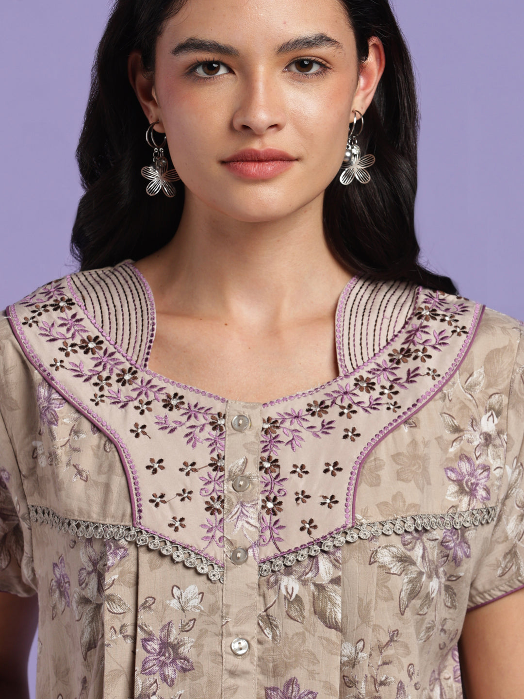 Vintage taupe cotton crush floral nightydress for women