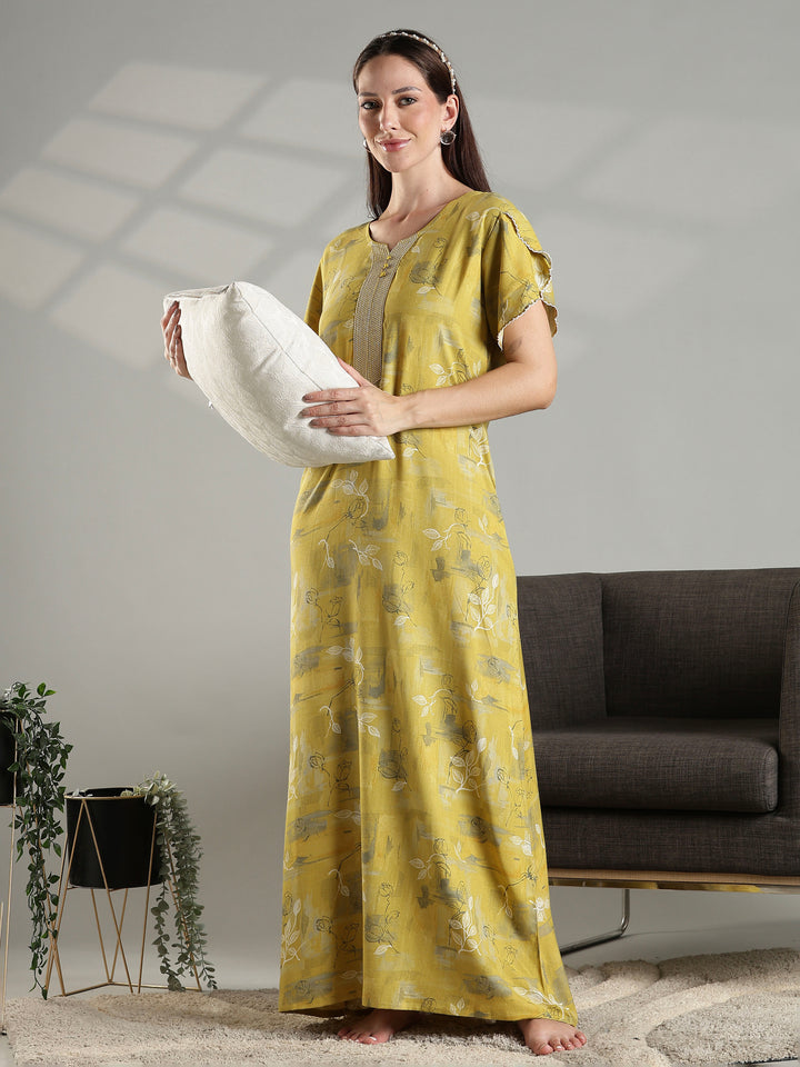 Mustard floral comfortable A-line nighty dress for women.