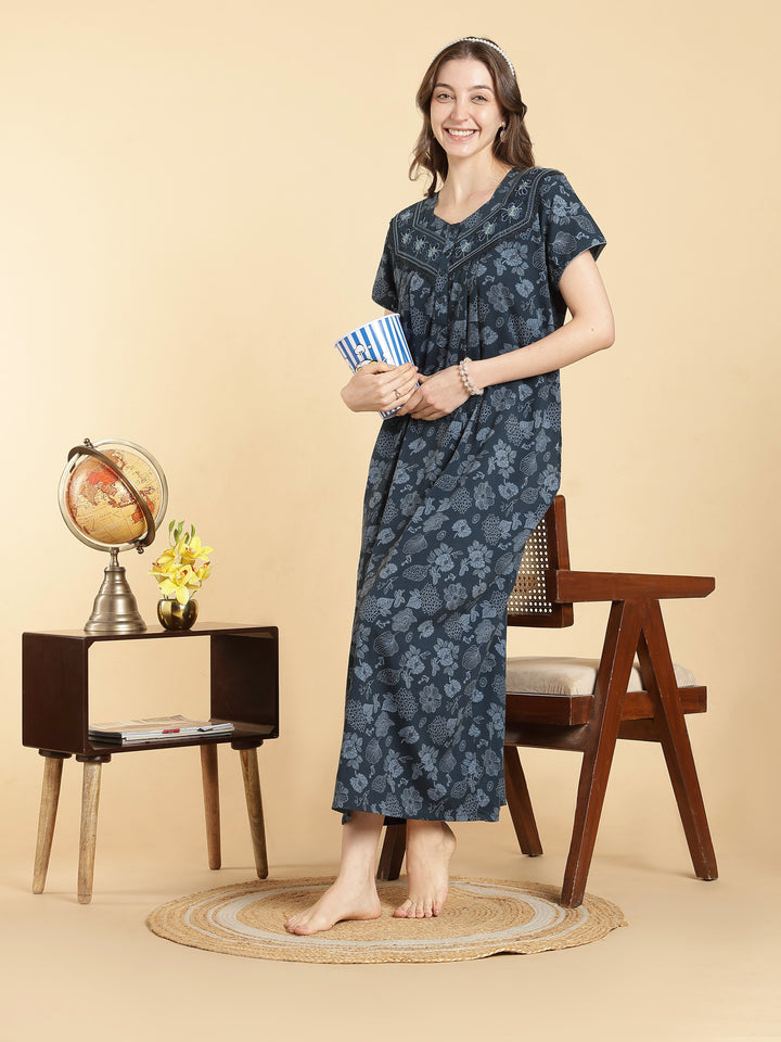 Crush cotton floral teal best nighty for women in summer