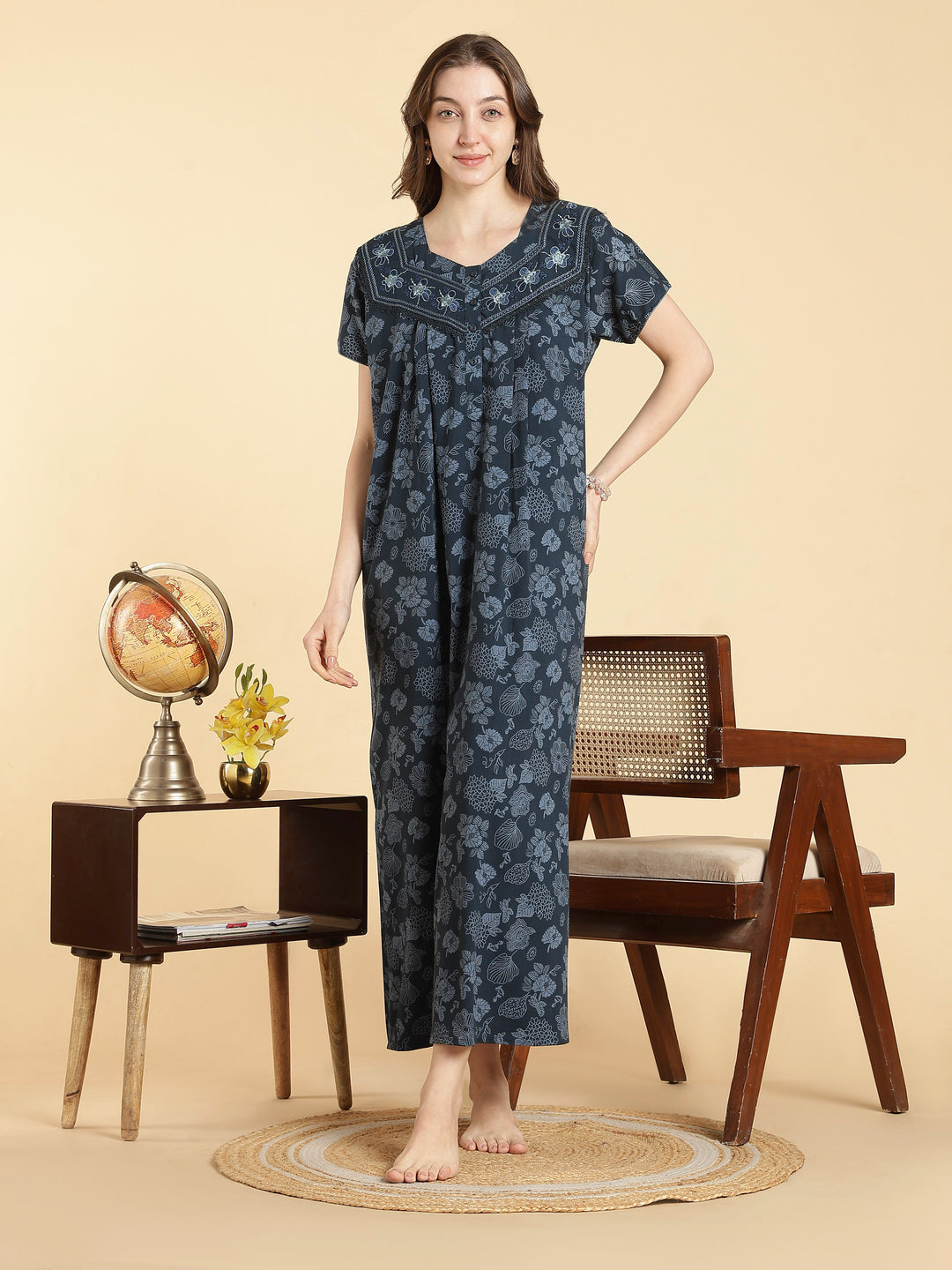 Crush cotton floral teal best nighty for women in summer