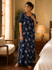 Floret Navy Floral Pleated Designer Nighty for Women