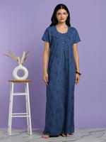 Indigo Floral Cotton Blend Nightdress for Women with Front Buttons