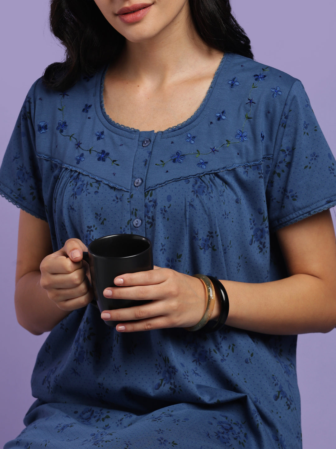 Indigo floral cotton blend nightydress for women online