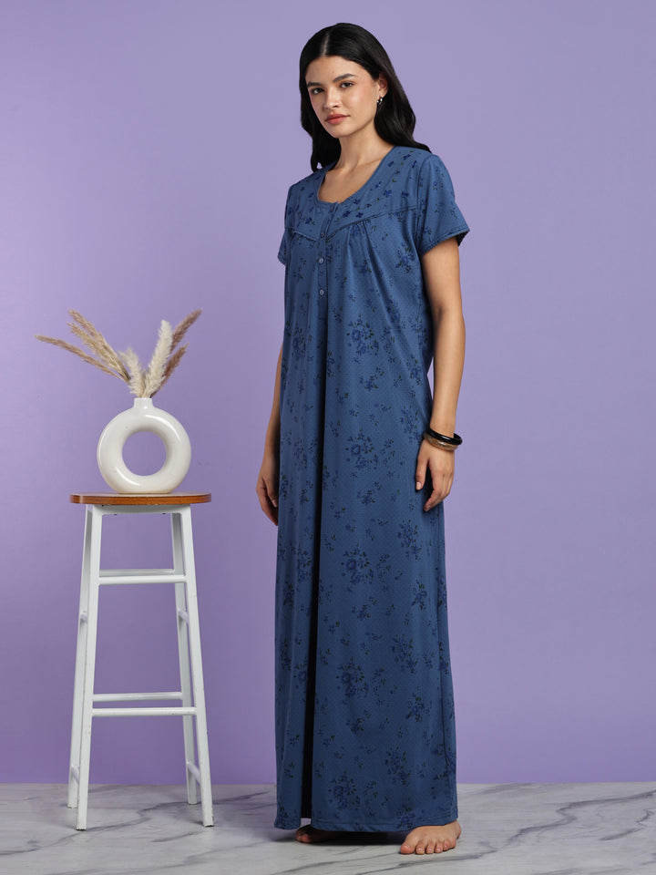 Indigo floral cotton blend nightydress for women online