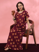 A-Line Pure Cotton Floral Nighty with Embroidered Neck in Mahek Purple