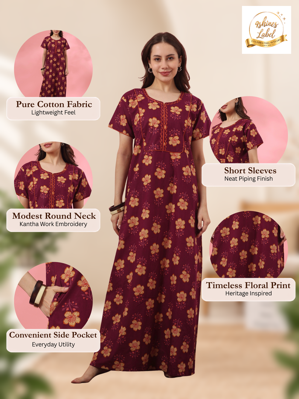 Pure cotton floral night dress for women in mahek purple