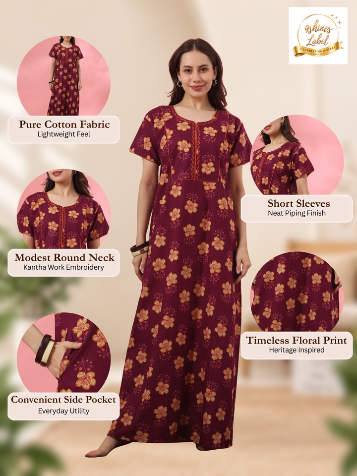 Pure cotton floral night dress for women in mahek purple