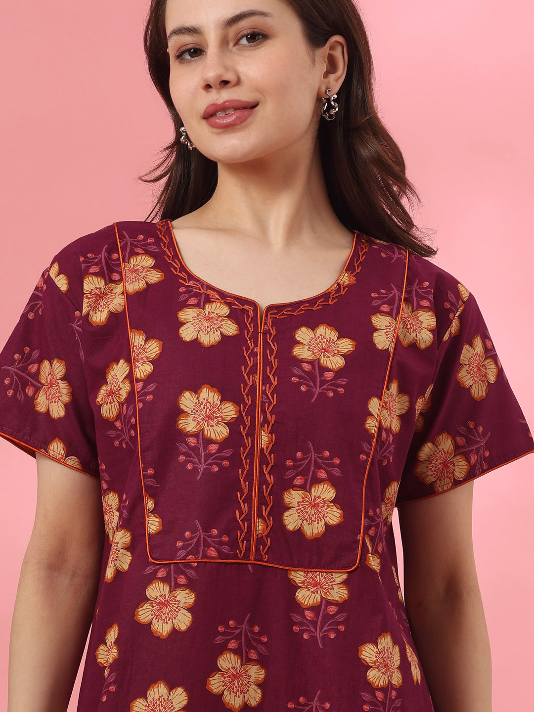 Pure cotton floral night dress for women in mahek purple