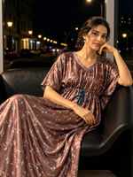 Satin Kaftan Nighty with Floral Motif Print and V Neck