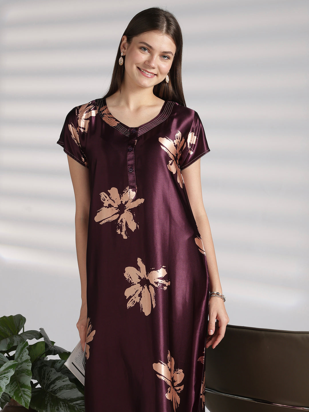 Floral satin nighty for women with front buttons online
