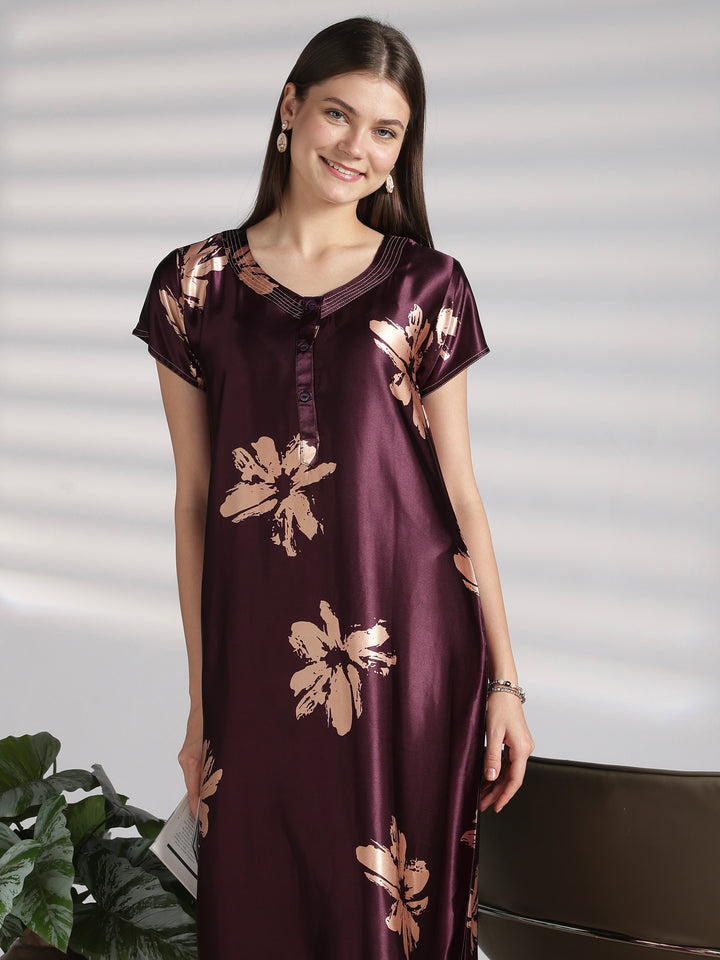 Floral satin nighty for women with front buttons online