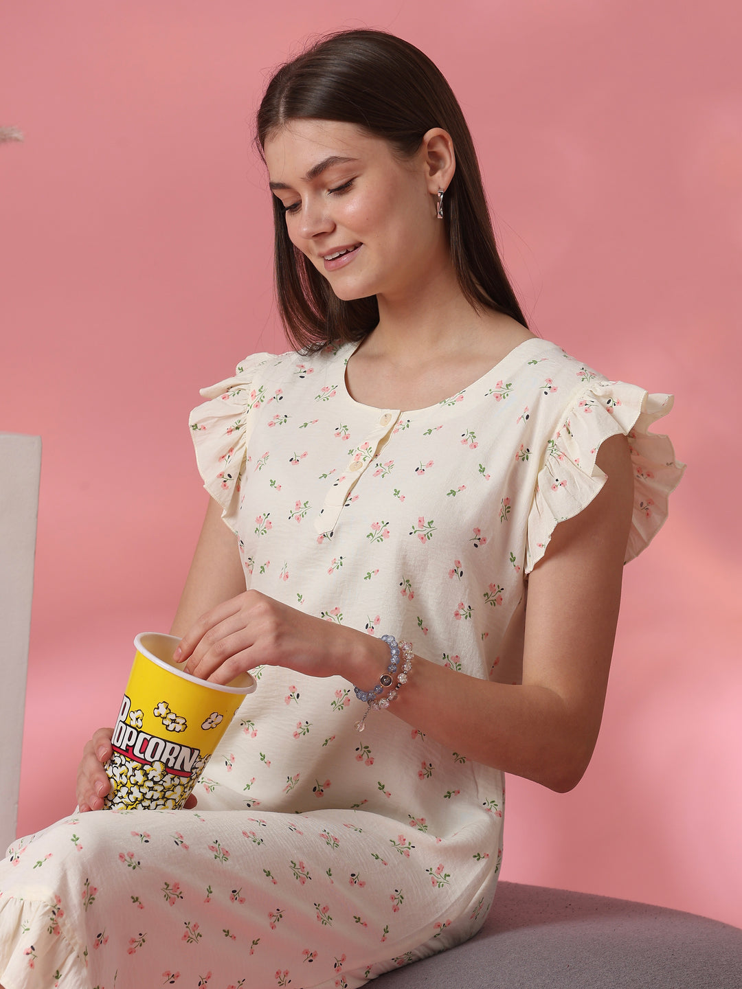 Pastel yellow floral crush cotton short nighty for women