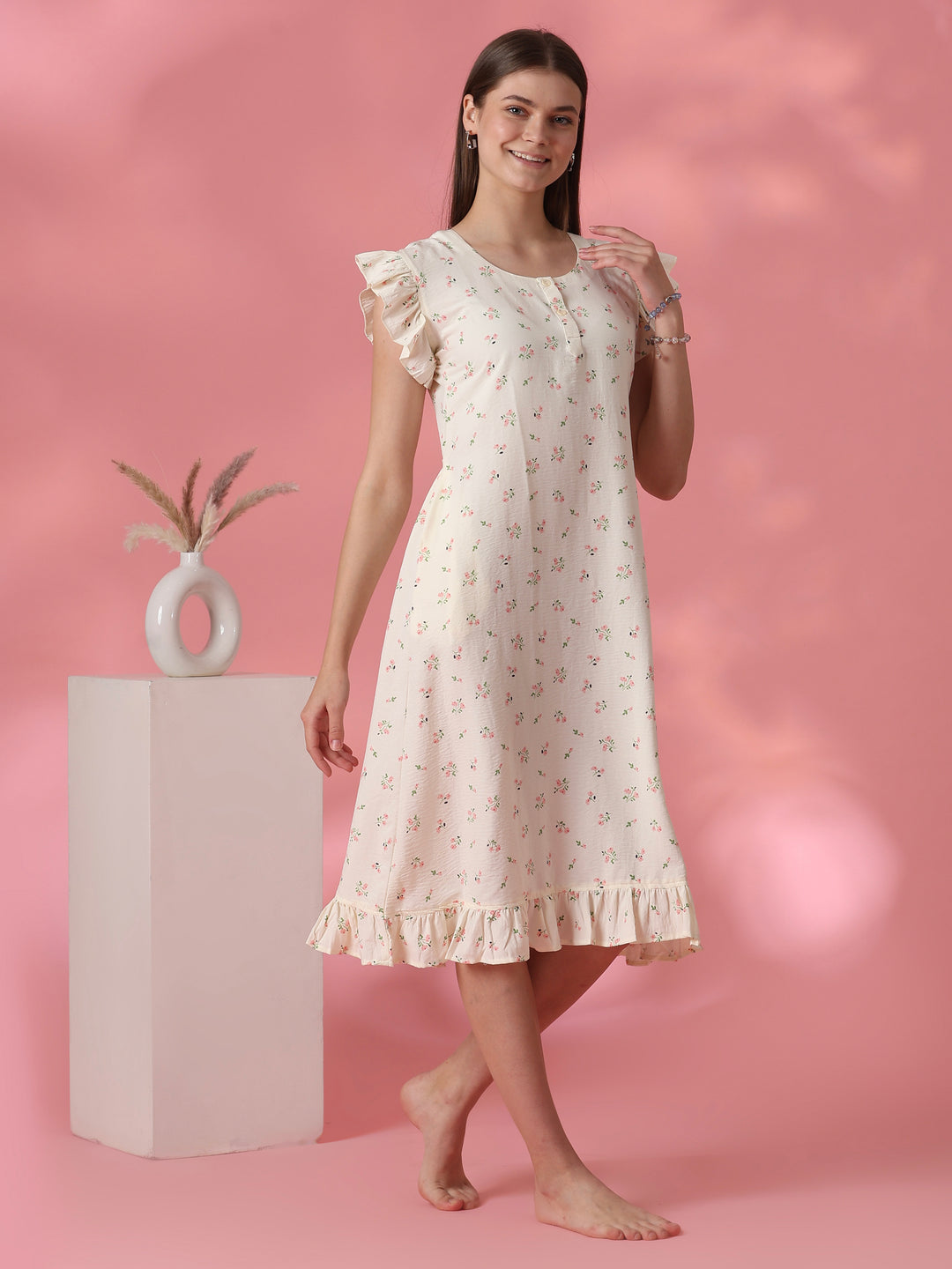 Pastel yellow floral crush cotton short nighty for women