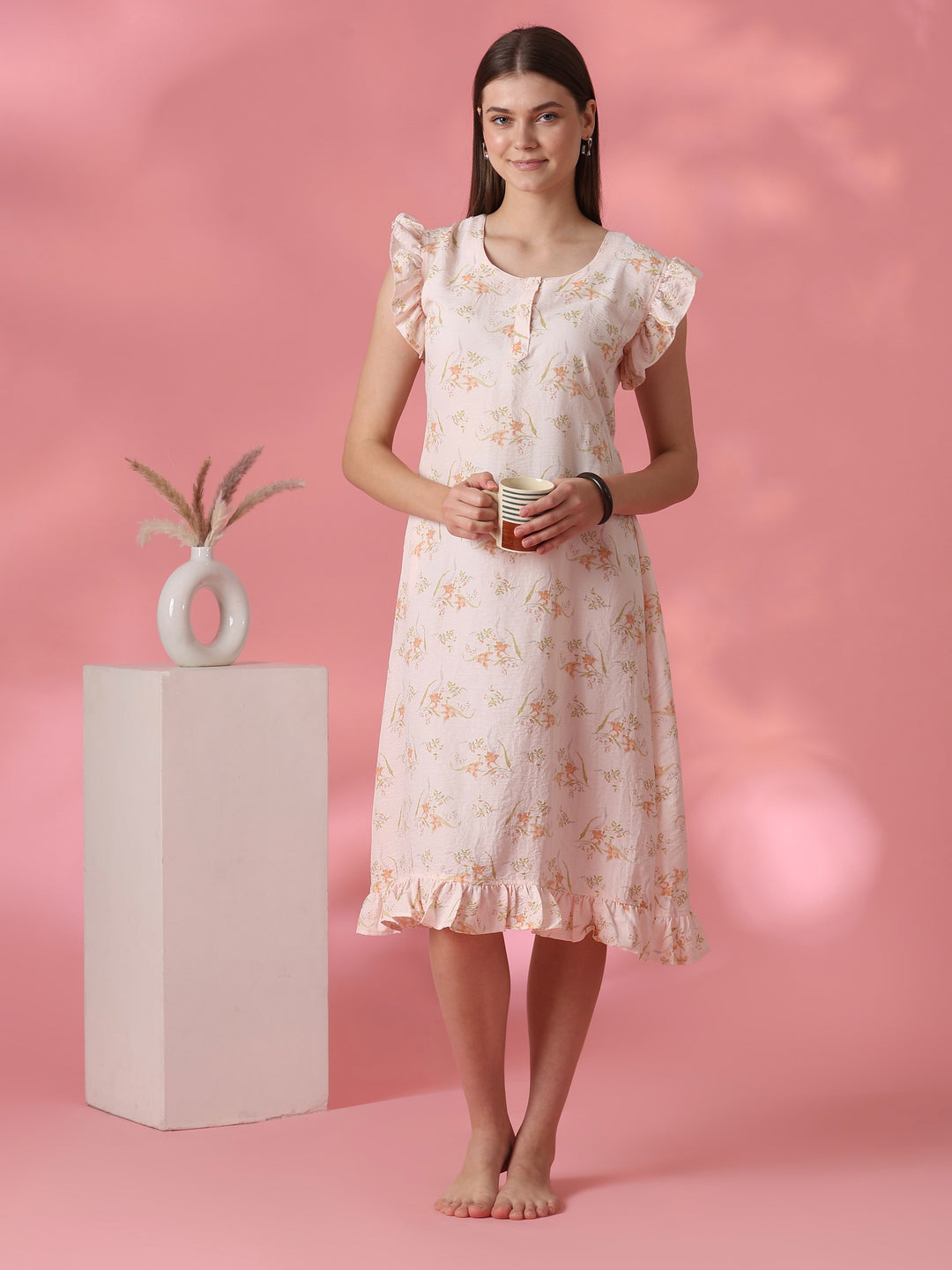 Dreamy peach floral short nighty dress for women online