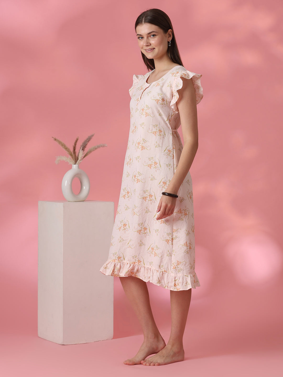 Dreamy peach floral short nighty dress for women online
