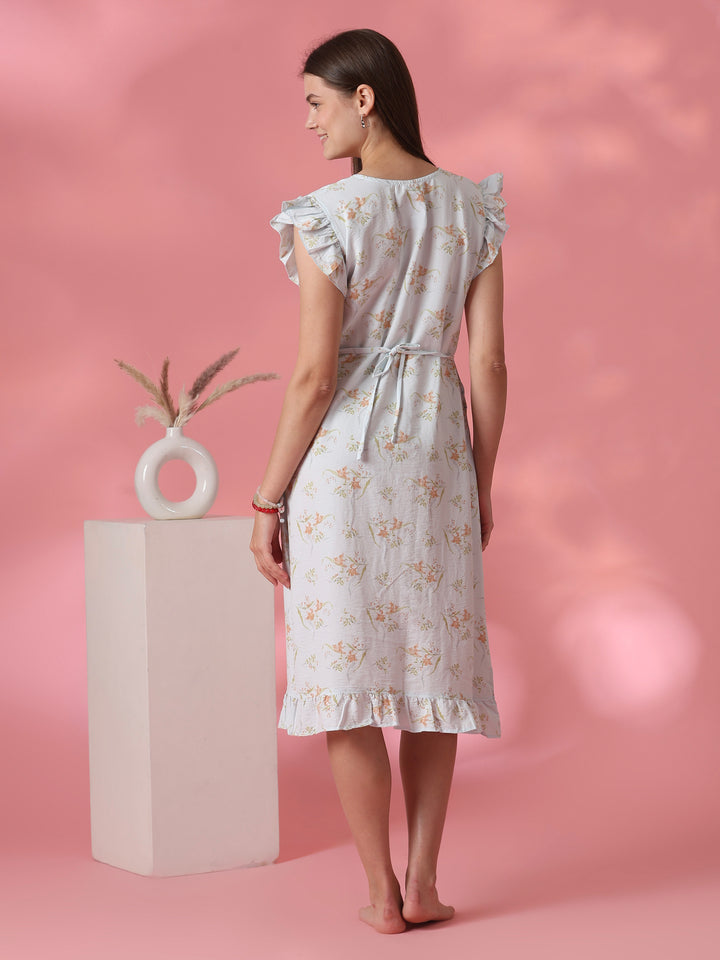 Dreamy blue floral crush cotton nighty dress for women