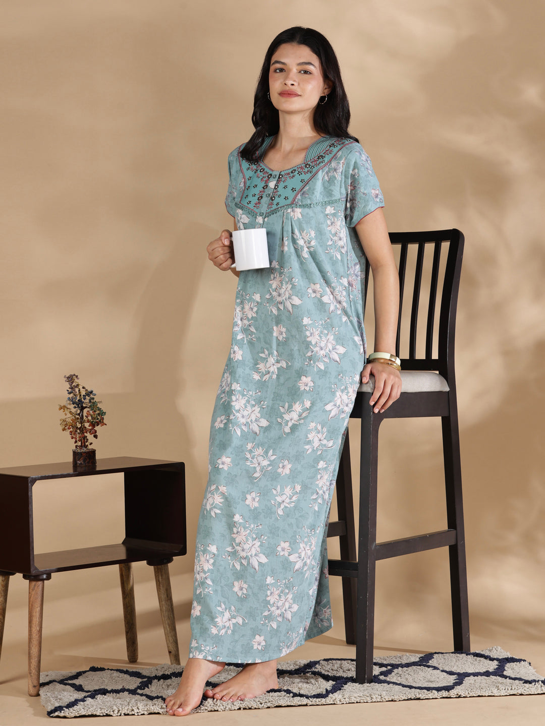 Vintage mint floral crush cotton nighty for women online
