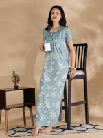 Vintage Mint Floral Crush Cotton Nighty for Women with Buttons