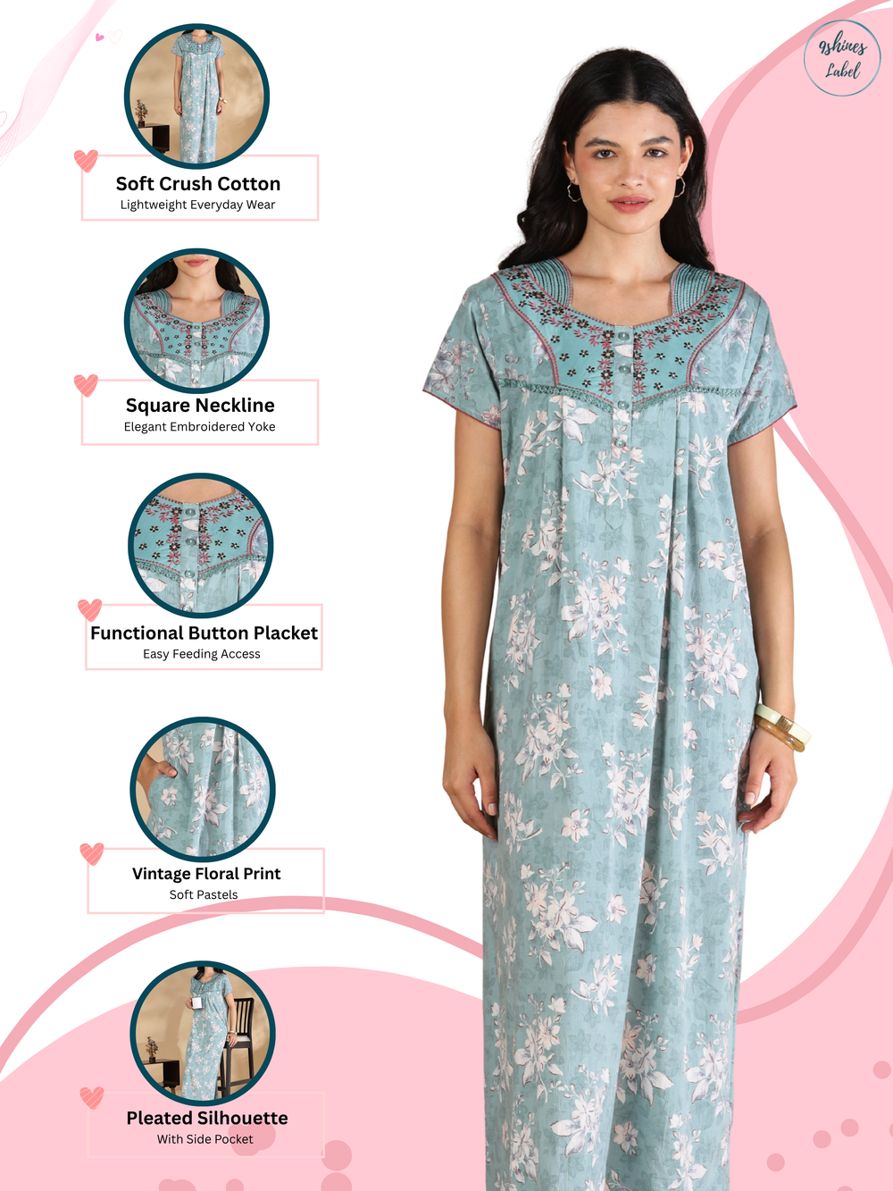 Vintage mint floral crush cotton nighty for women online