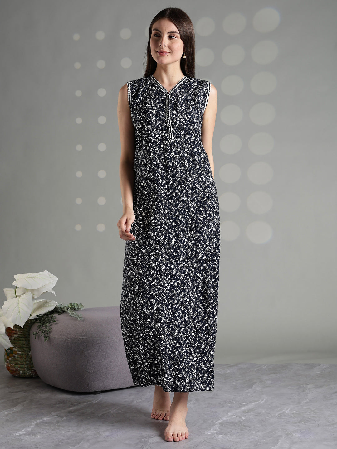 Navy floral rayon branded sleeveless nightgown for women