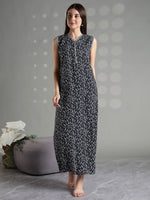 Navy Floral Rayon Elegant Sleeveless Nightdress For Women
