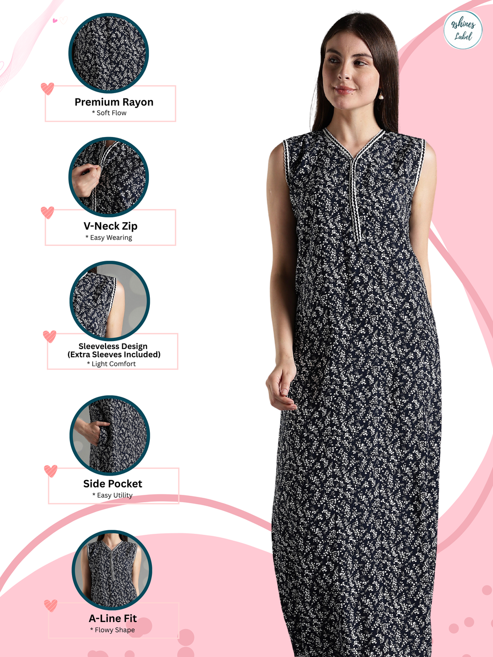 Navy floral rayon branded sleeveless nightgown for women