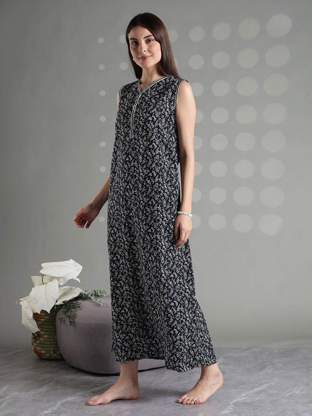 Navy floral rayon branded sleeveless nightgown for women