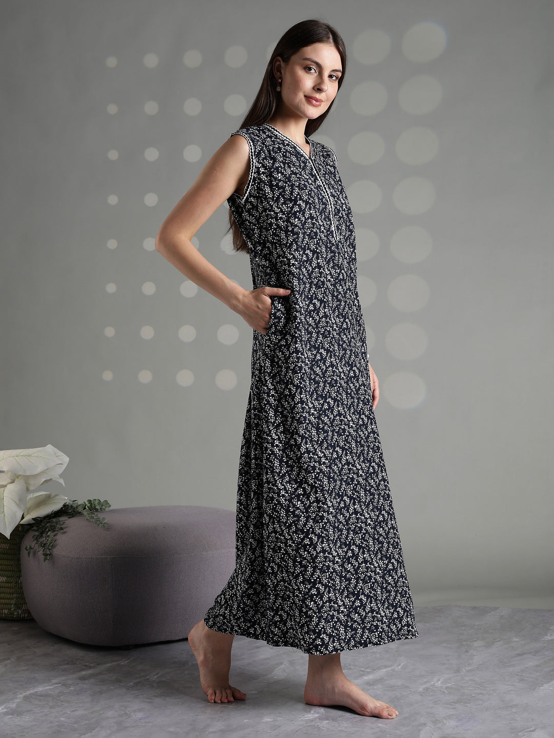 Navy floral rayon branded sleeveless nightgown for women