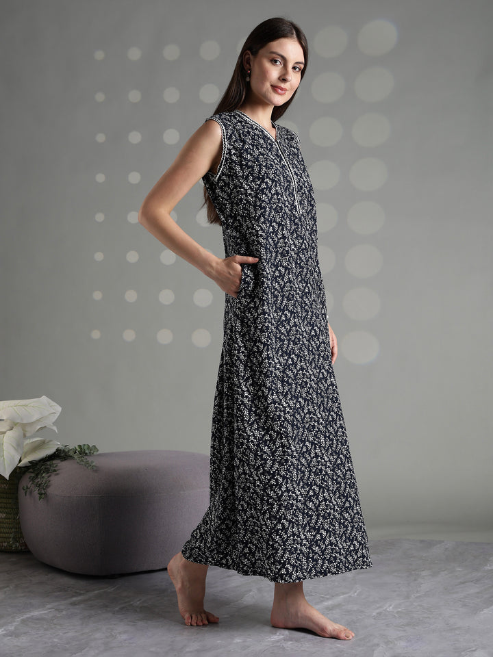 Navy floral rayon branded sleeveless nightgown for women