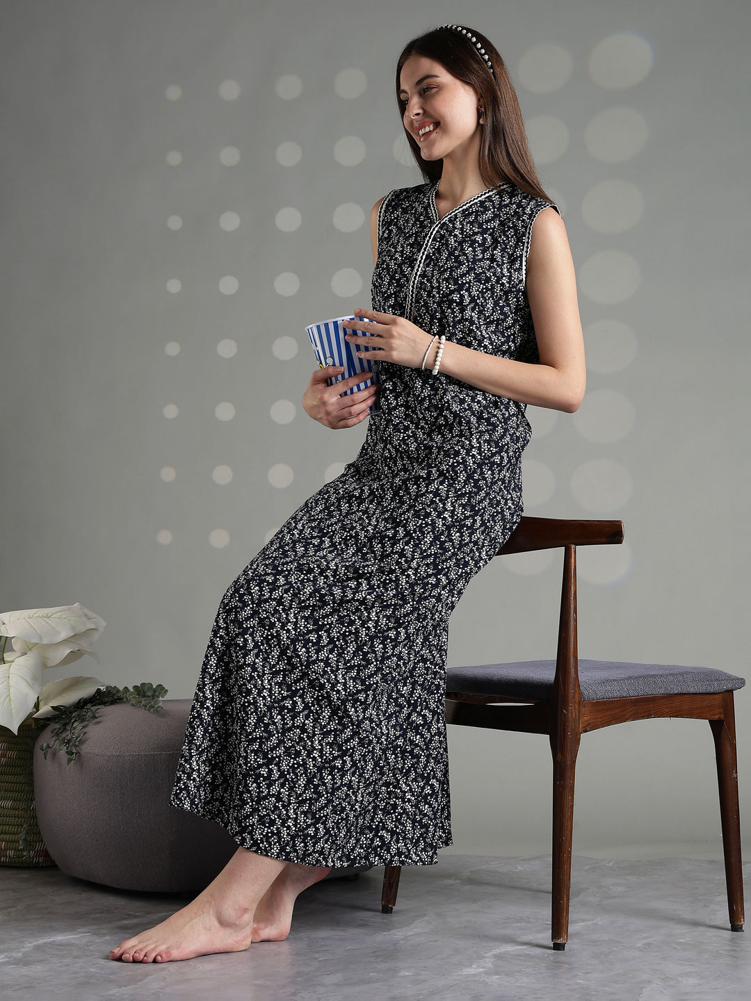Navy floral rayon branded sleeveless nightgown for women