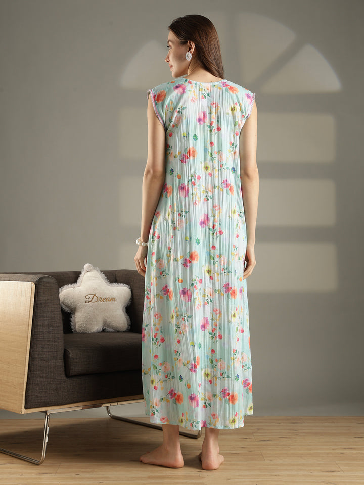 Floral pastel mint premium sleeveless nighty for women